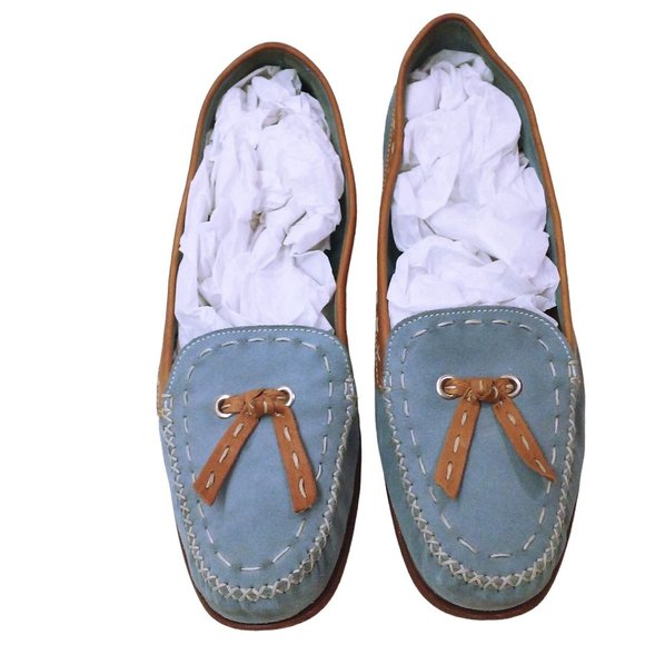 Cole Haan Blue Suede Shoe Flats -9.5B Bow Tassel Leather Stitch Moc-Toe Slip-On - Picture 6 of 12